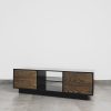 Modern black and wood TV stand with open center shelves and push-to-open veneer doors, perfect for stylish living room storage.