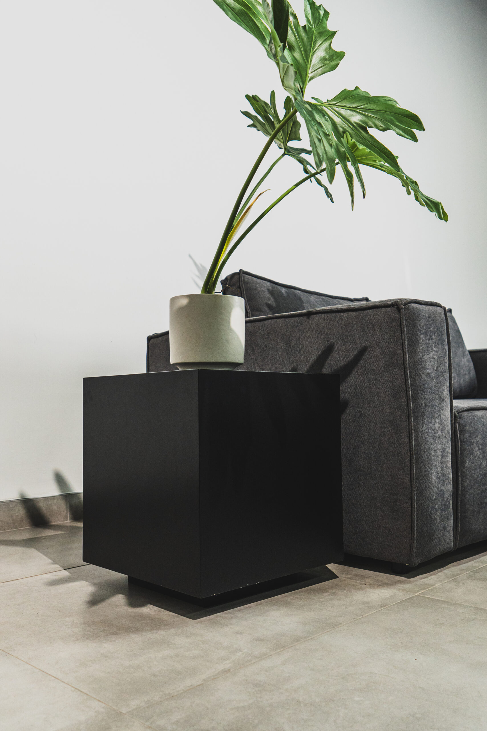 Modern black cube side table styled beside a grey sofa, featuring a minimalist design with a potted plant on top for a contemporary living room look.