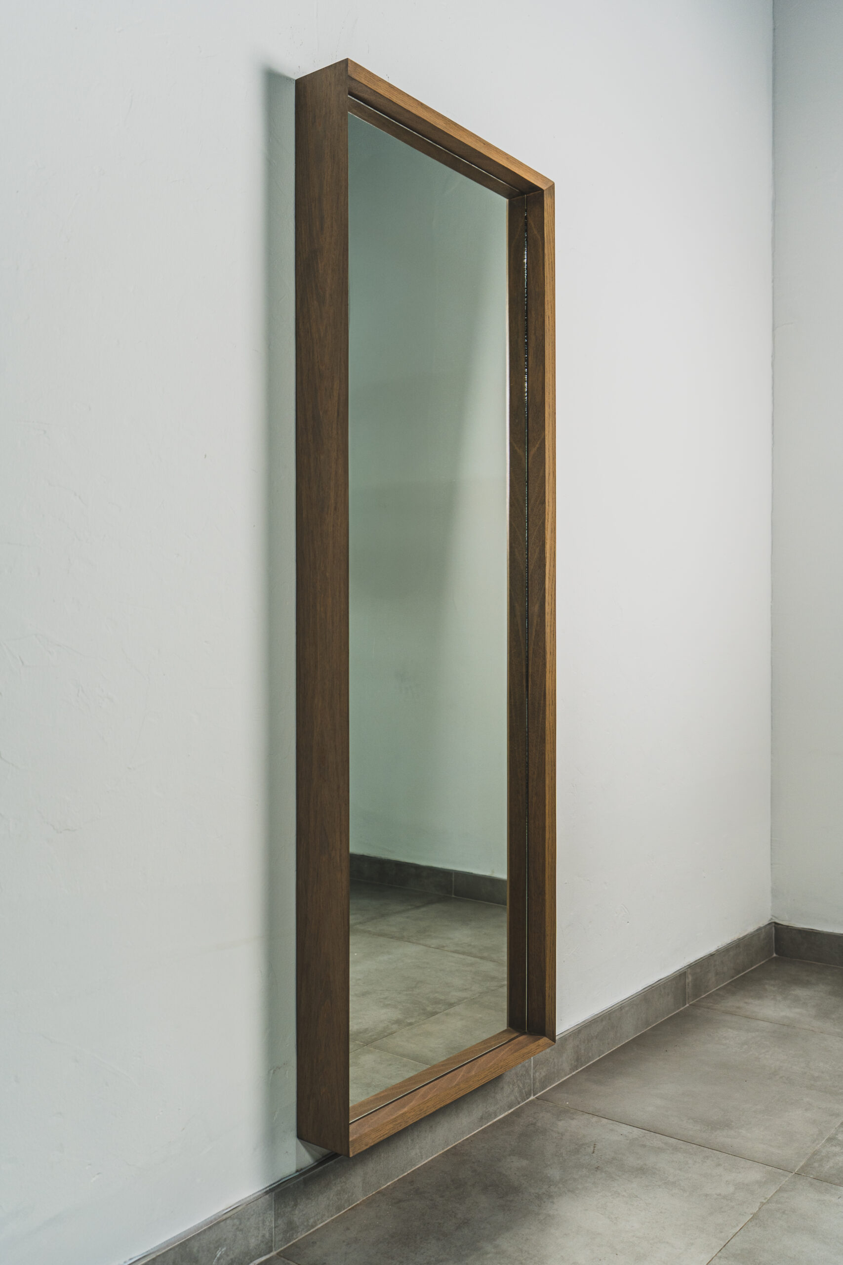 Wall-mounted full-length mirror with wooden frame, modern large mirror for bedrooms, hallways, or dressing spaces.